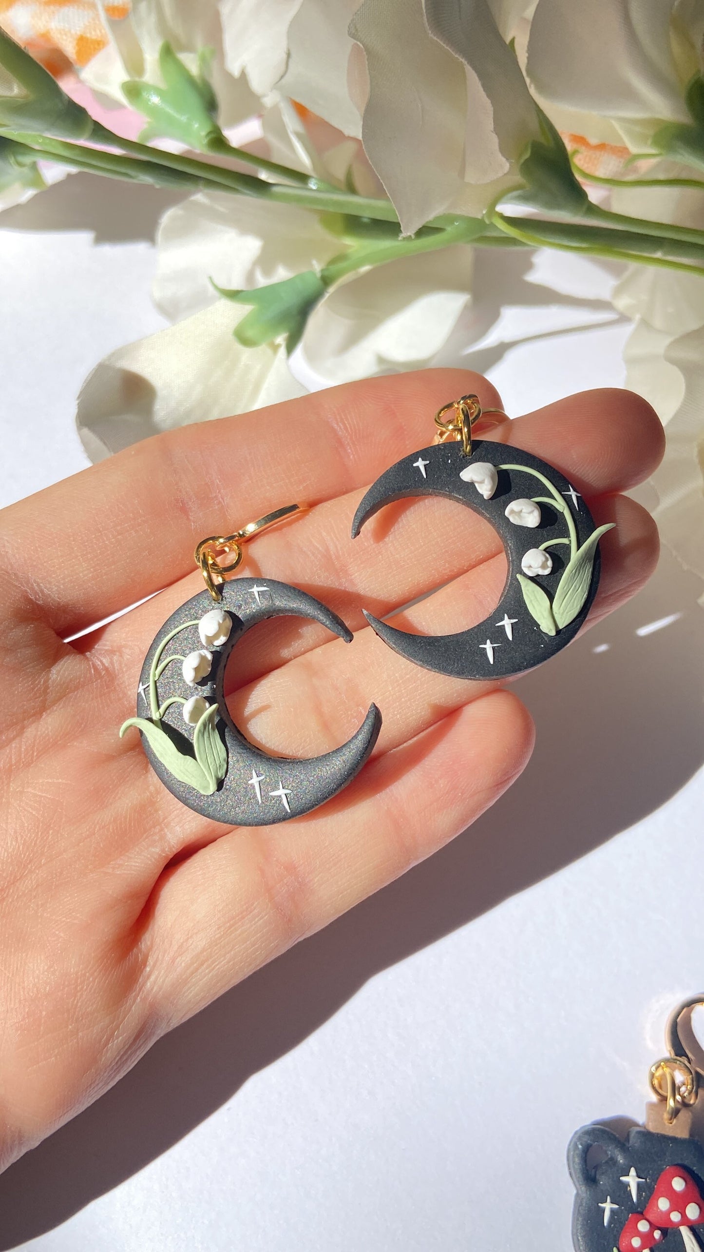 Lily of Valley Black Moon Earrings
