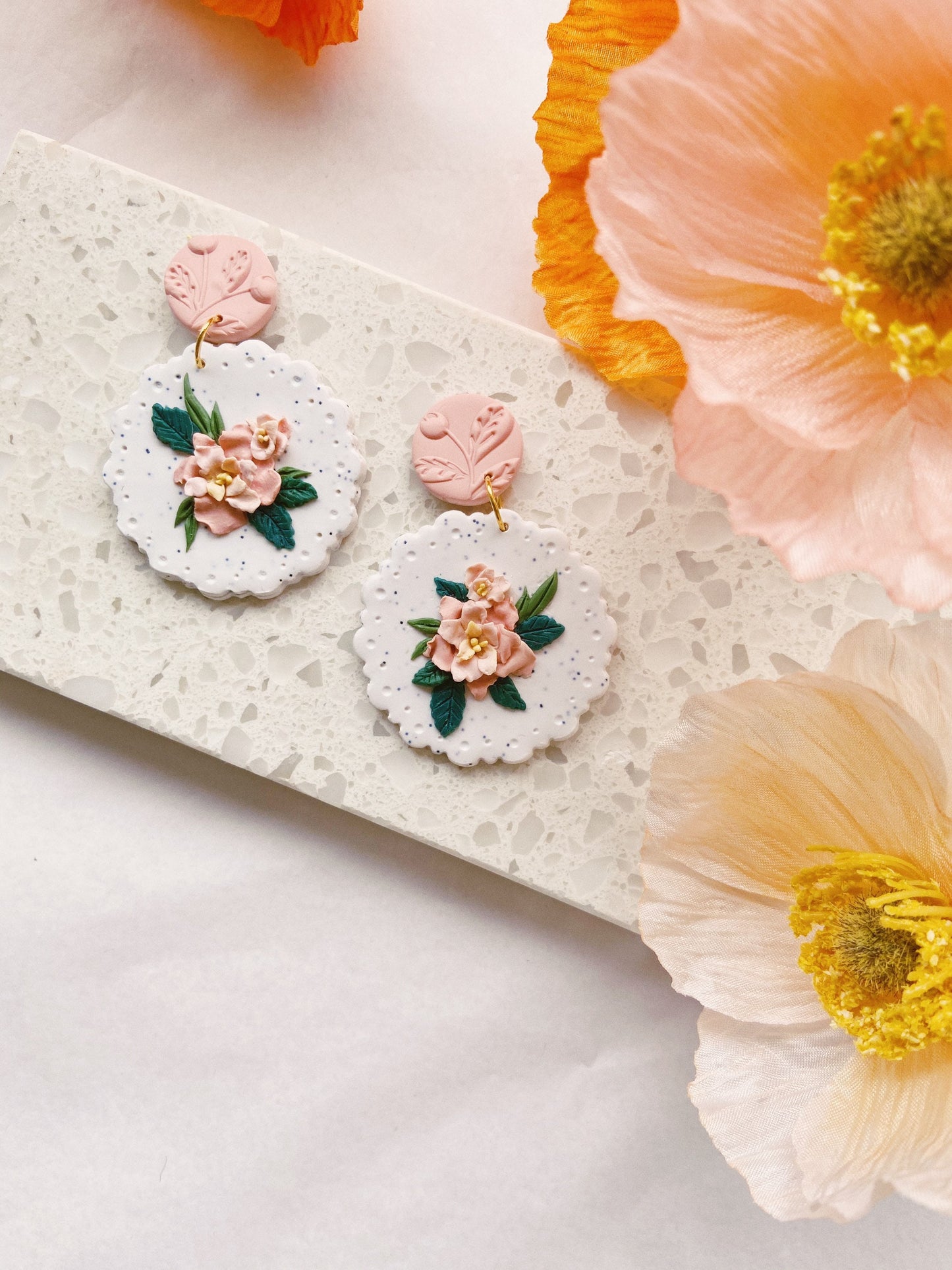 Pink Flower Clay Earrings