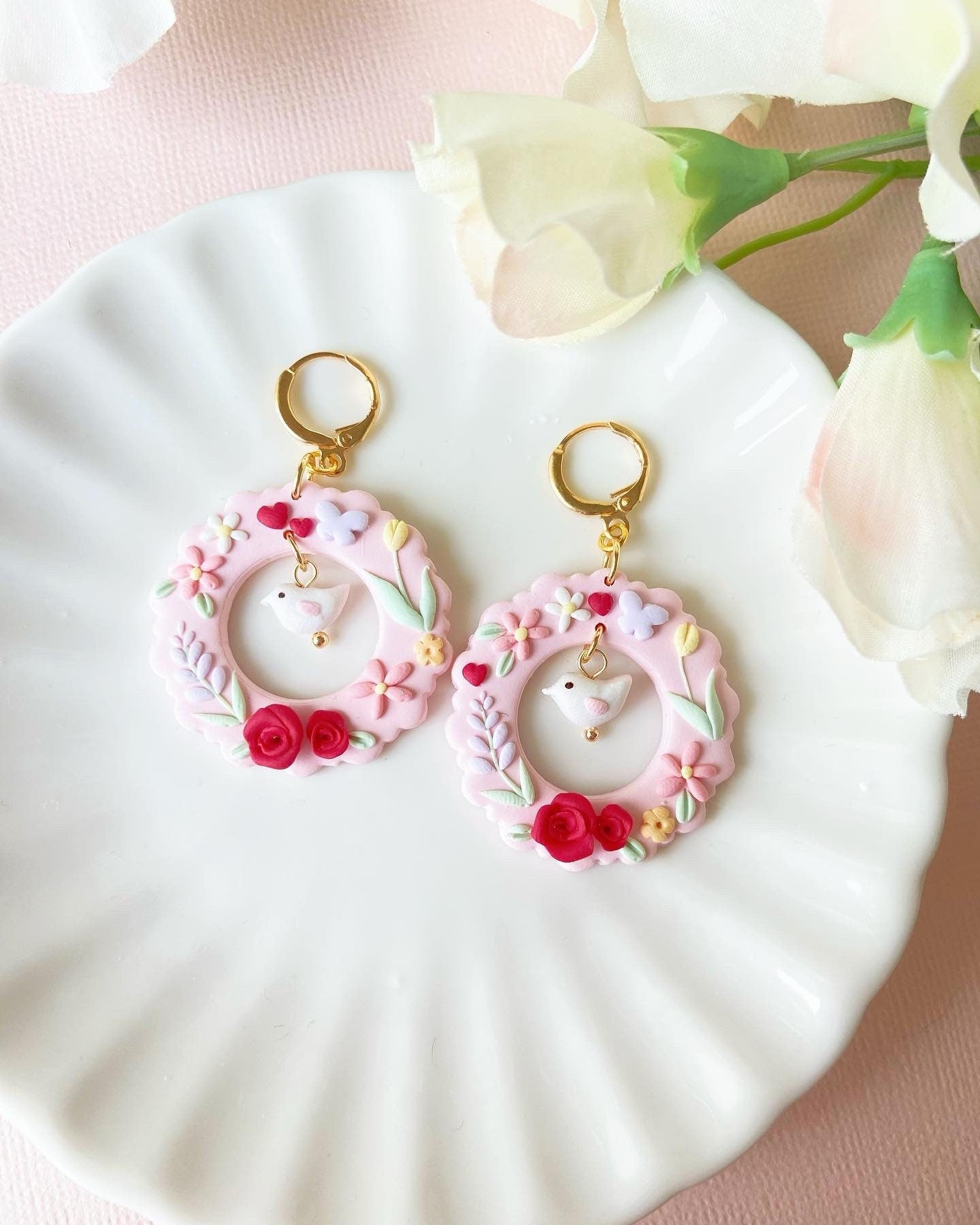 Love Bird Wreath Clay Earrings