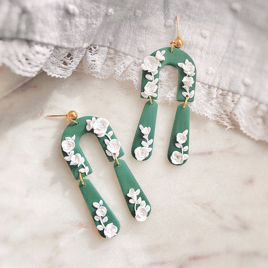 White Rose Emerald Green Arch Earrings
