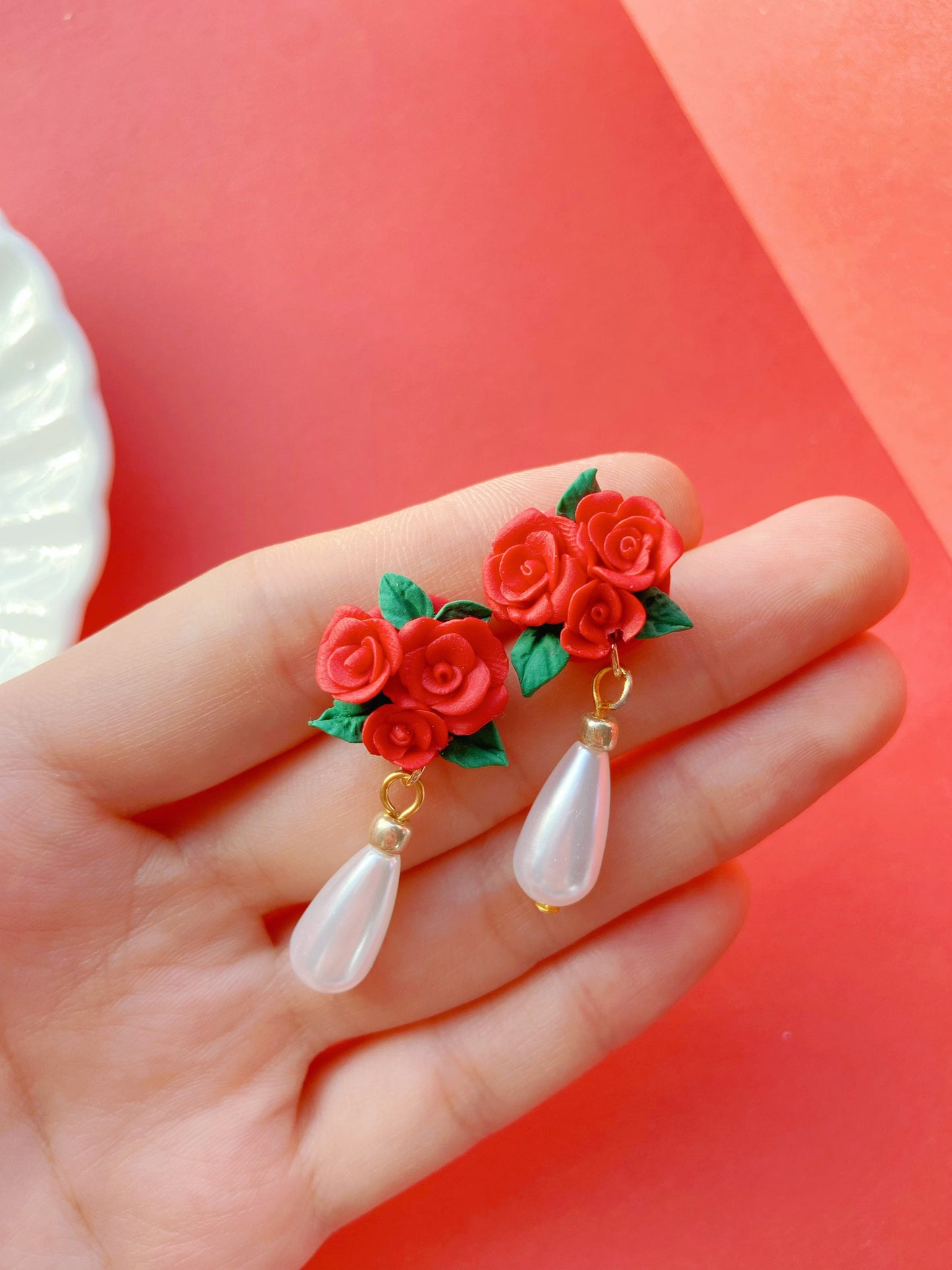 Red Rose Flower Clay Earrings with Pearls