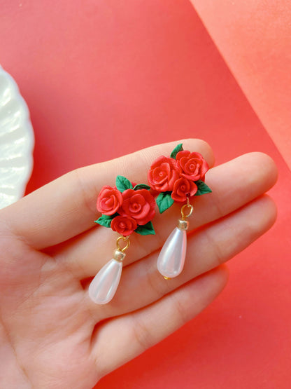 Red Rose Flower Clay Earrings with Pearls