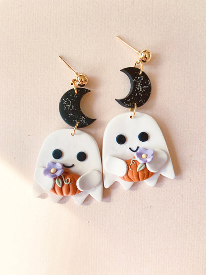 Halloween Ghost Holding Pumpkin Earrings
