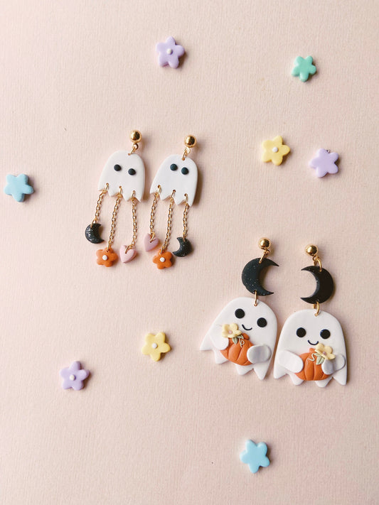 Halloween Ghost Holding Pumpkin Earrings