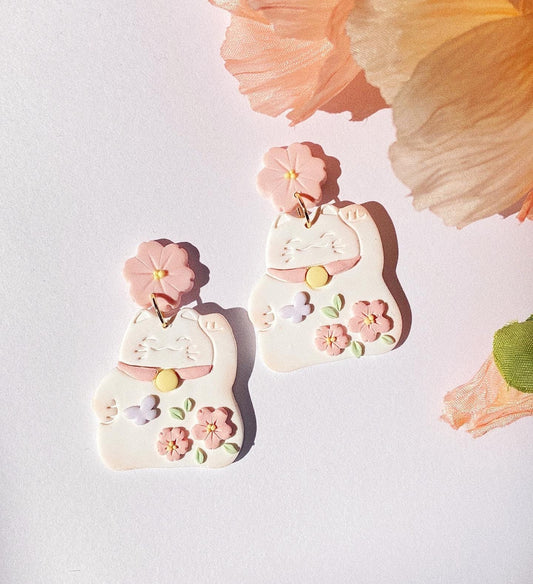 Lucky Cat Cherry Blossom Earrings