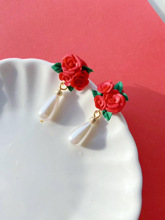 Red Rose Flower Clay Earrings with Pearls