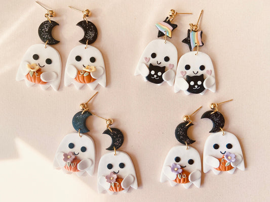 Halloween Ghost Holding Pumpkin Earrings
