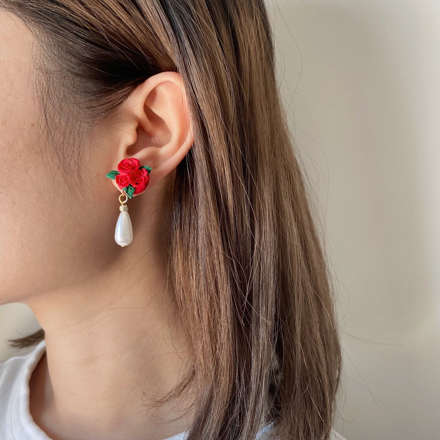 Red Rose Flower Clay Earrings with Pearls