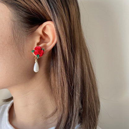 Red Rose Flower Clay Earrings with Pearls