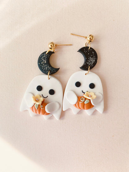 Halloween Ghost Holding Pumpkin Earrings