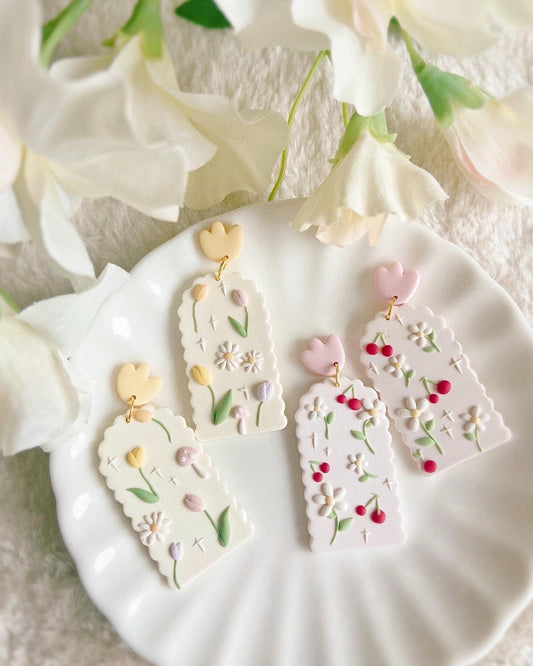 Pastel earrings,pastel color earrings,cute cottage core earrings,cherry earrings,tulip earrings,daisy earrings,fruit earrings,flower earring