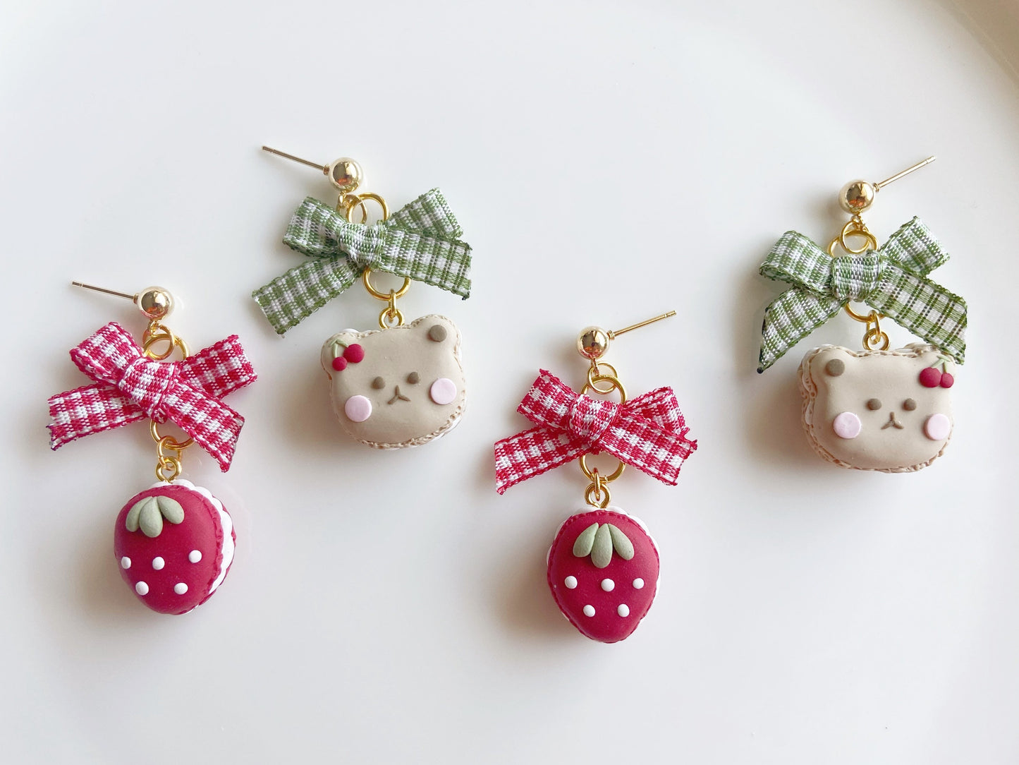 Strawberry Bear Macaron Clay Earrings