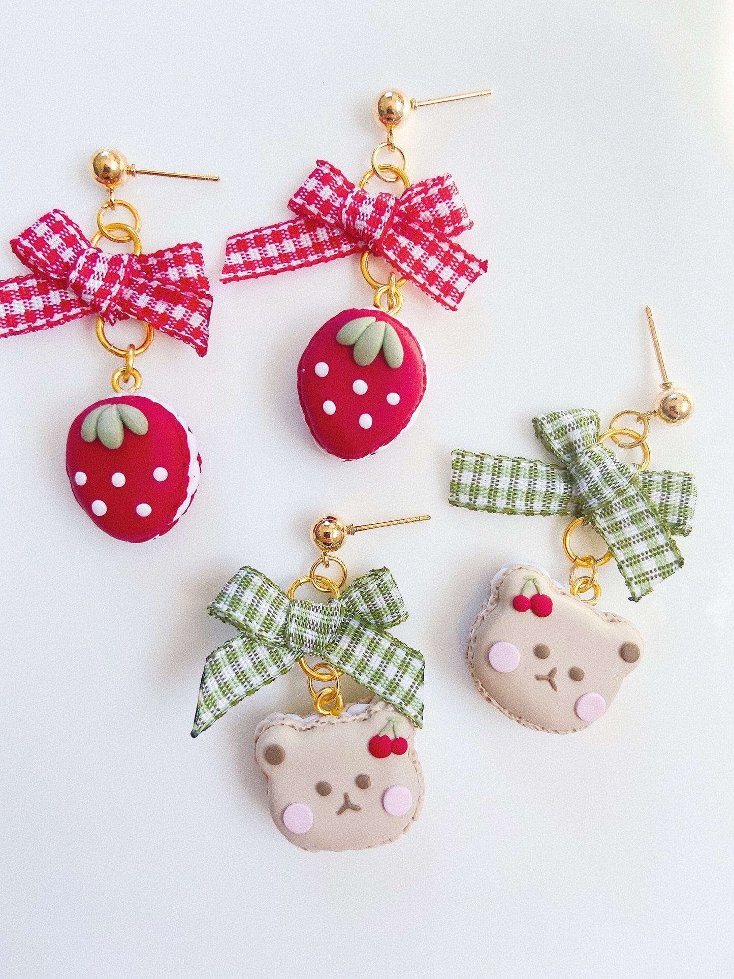 Strawberry Bear Macaron Clay Earrings