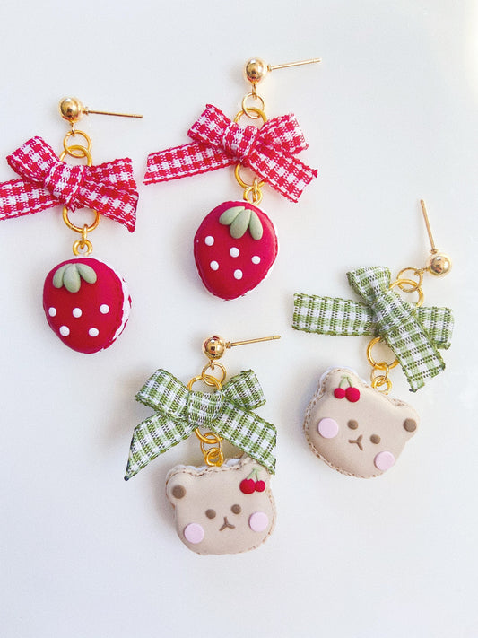 Strawberry Bear Macaron Clay Earrings