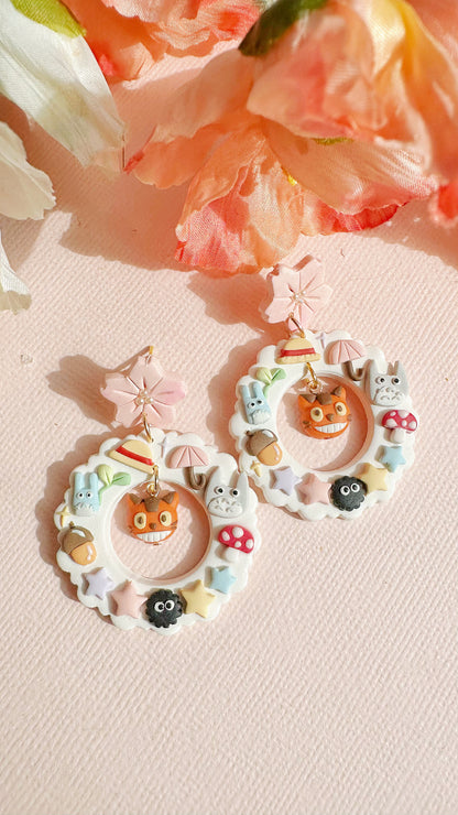 Totoro Forest Wreath Handmade Clay Earrings – Studio Ghibli Inspired Kawaii Jewelry