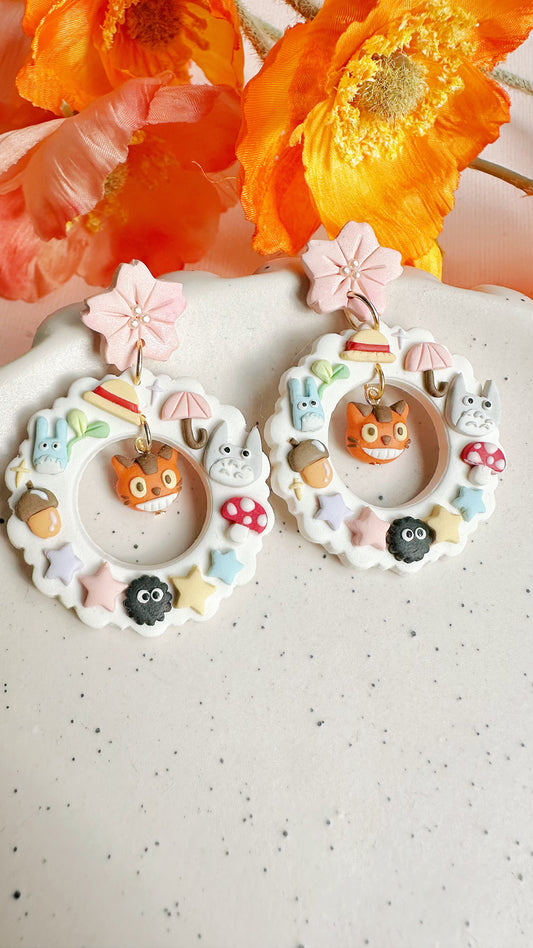 Totoro Forest Wreath Handmade Clay Earrings – Studio Ghibli Inspired Kawaii Jewelry
