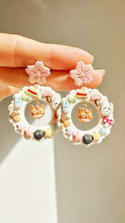 Totoro Forest Wreath Handmade Clay Earrings – Studio Ghibli Inspired Kawaii Jewelry