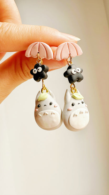 Tiny Totoro Umbrella Clay Earrings