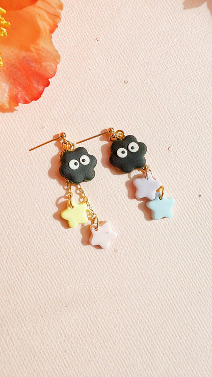 Soot Sprite Star Dangle Earrings – Handmade Polymer Clay Totoro Inspired Jewelry