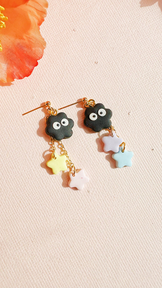 Soot Sprite Star Dangle Earrings – Handmade Polymer Clay Totoro Inspired Jewelry