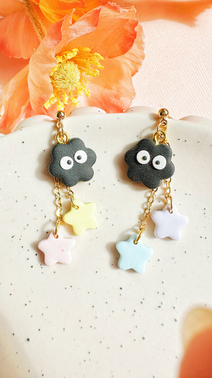 Soot Sprite Star Dangle Earrings – Handmade Polymer Clay Totoro Inspired Jewelry