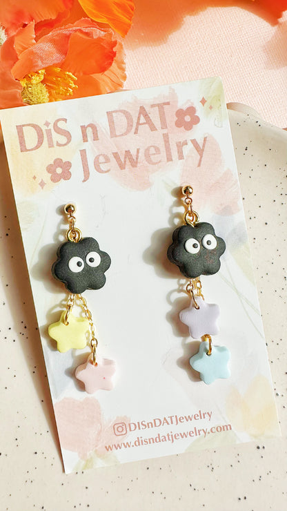 Soot Sprite Star Dangle Earrings – Handmade Polymer Clay Totoro Inspired Jewelry