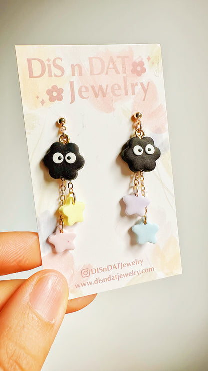 Soot Sprite Star Dangle Earrings – Handmade Polymer Clay Totoro Inspired Jewelry