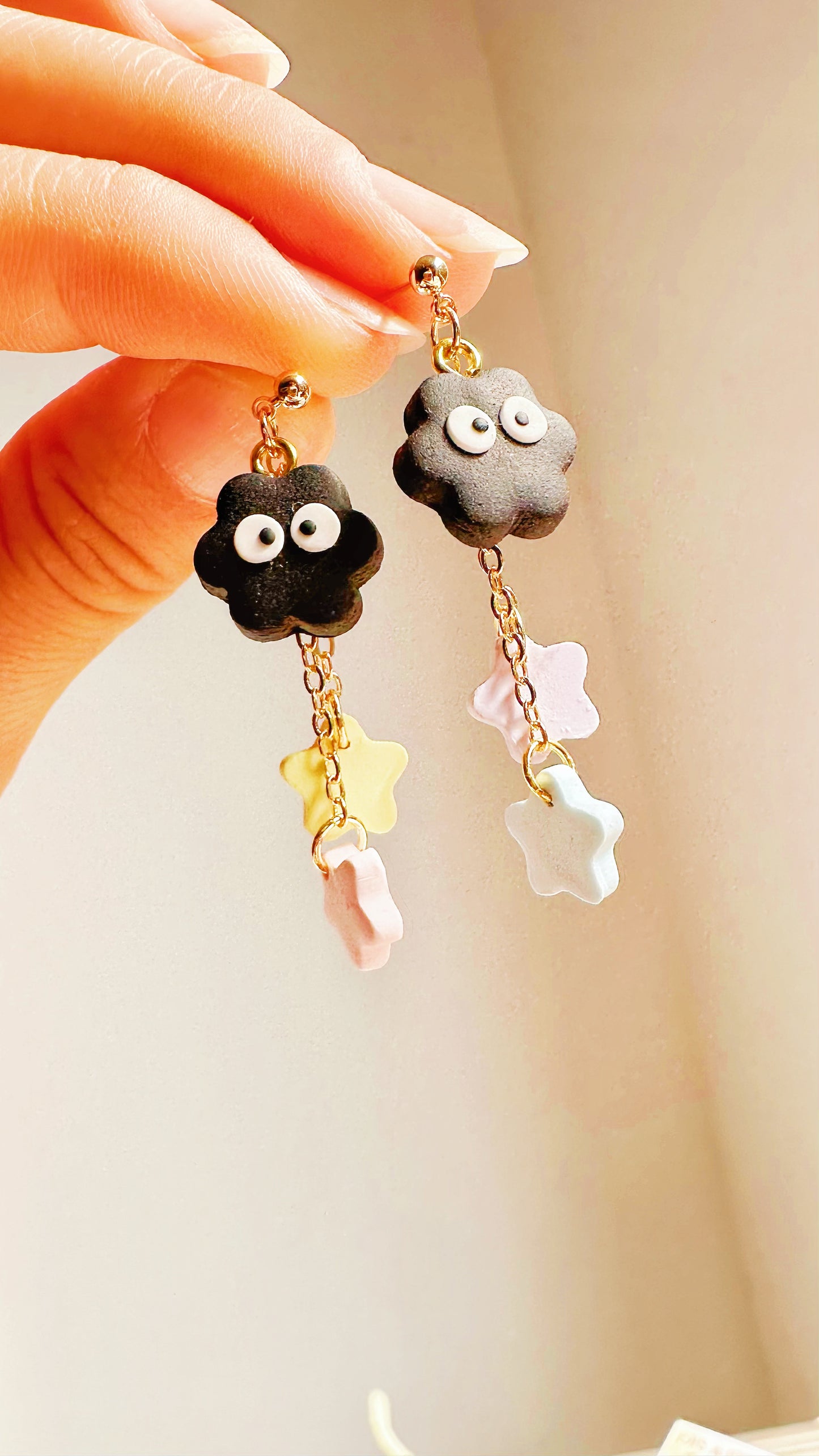 Soot Sprite Star Dangle Earrings – Handmade Polymer Clay Totoro Inspired Jewelry
