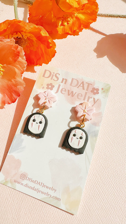 No-Face Sakura Drop Earrings - Spirited Away Inspired Handmade Clay Jewelry
