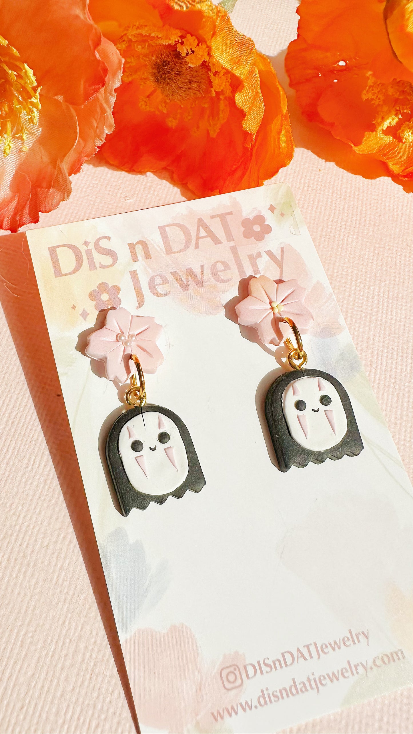 No-Face Sakura Drop Earrings - Spirited Away Inspired Handmade Clay Jewelry