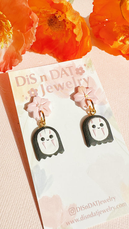 No-Face Sakura Drop Earrings - Spirited Away Inspired Handmade Clay Jewelry