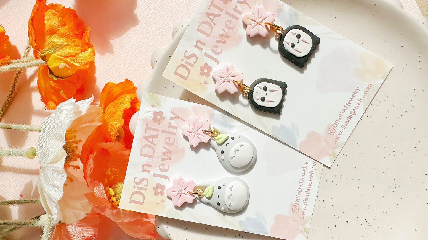 No-Face Sakura Drop Earrings - Spirited Away Inspired Handmade Clay Jewelry