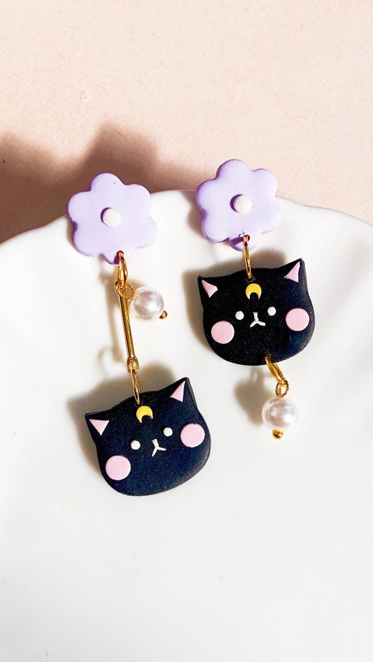 Sailor moon cat earrings, Luna cat earrings, pearl earrings, asymmetric earrings, polymer clay earrings, black cat earrings