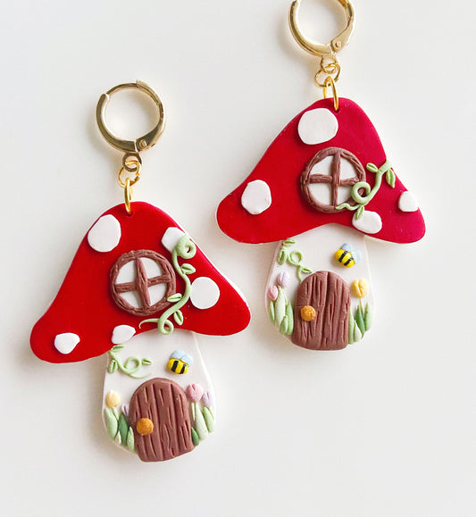 Mushroom House Clay Earrings