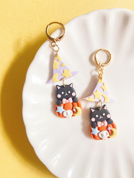 Witch Black Cat Pumpkin Earrings