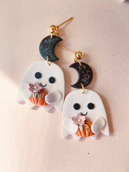 Halloween Ghost Holding Pumpkin Earrings