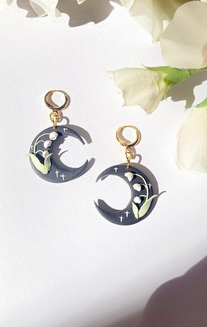 Lily of Valley Black Moon Earrings
